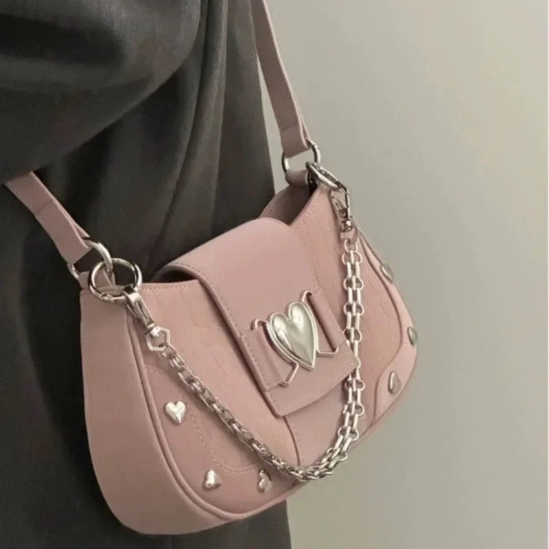 eybag Heart applique chain contrast zip-up handbag