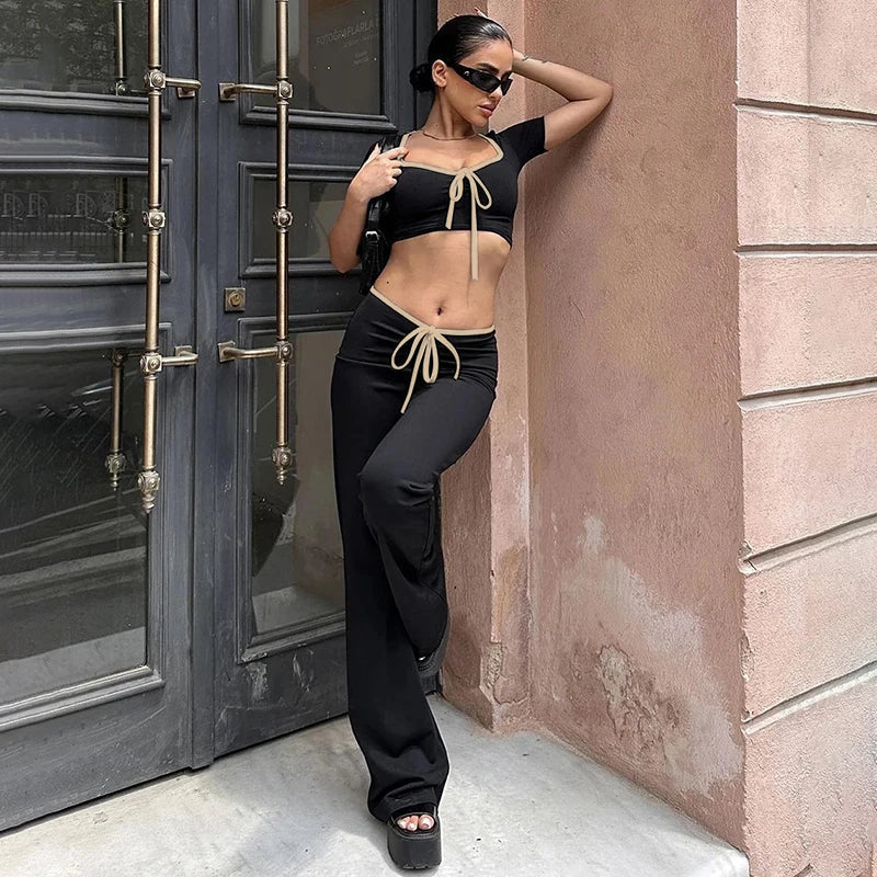 eybag Sexy Top Pants 2 Piece Set Women Summer Short Sleeve Slim Crop Tees + High Waist Flare Trousers Female Fashion Lace-up Outfits