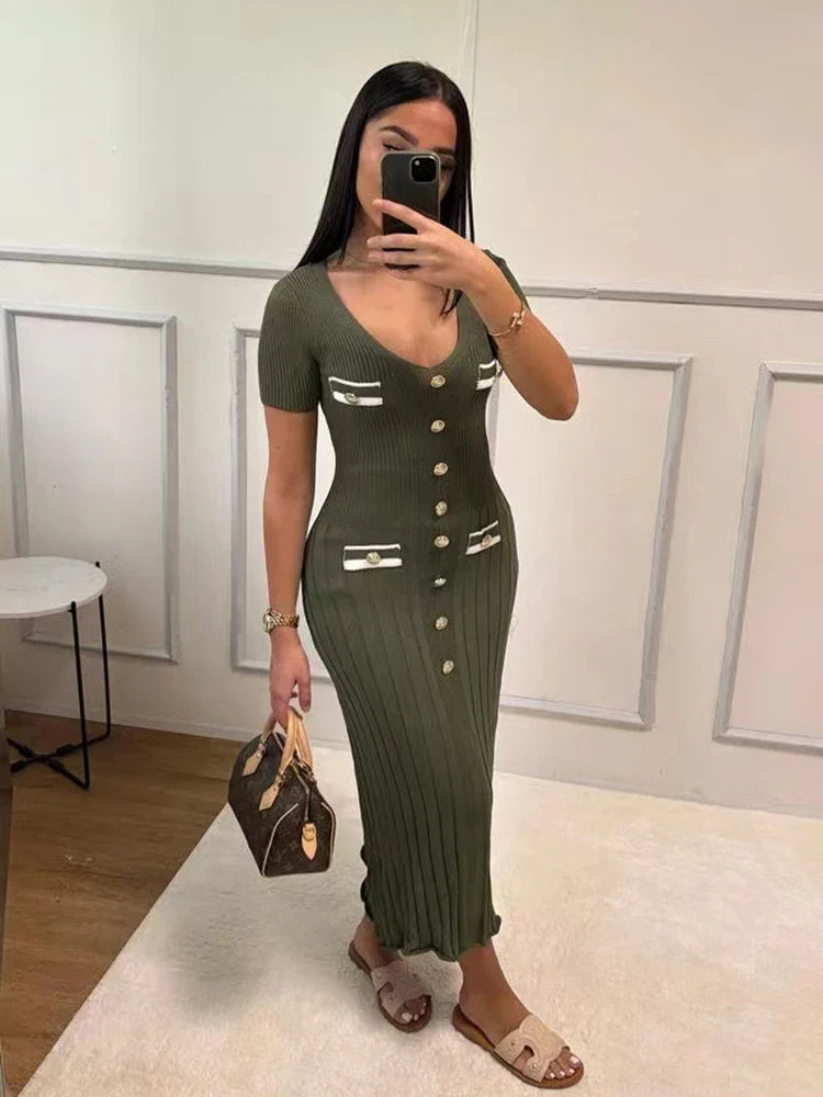 eybag Elegant Knitted Long Dress Women Summer V Neck Single Breatsed Short Sleelve Bodycon Dresses Fashion Party Office Lady Vestidos