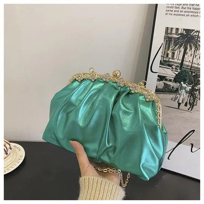 eybag Glitter Laser Women's Leather Cloud Bag 2024 Retro Chain Crossbody Bag Luxury Women's Bag Pleated Dumpling Handbag Party Clutch