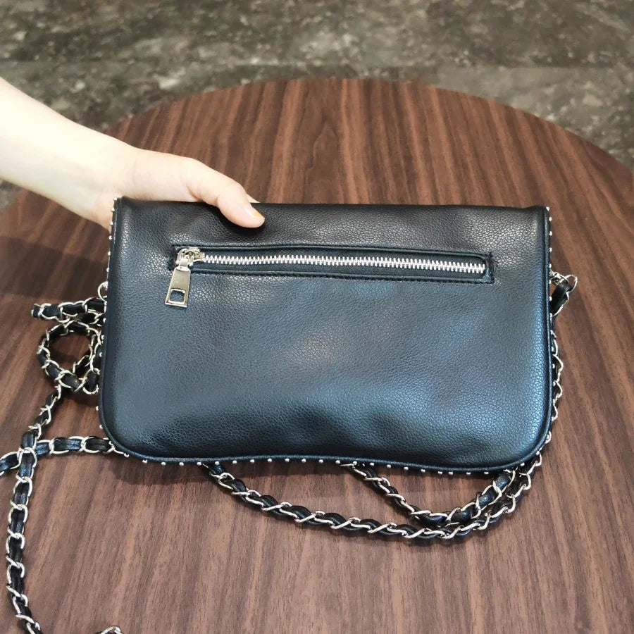 eybag Fashion Rivet Women Chain Crossbody Bag Pu leather Lady Shoulder Purse Large Capacity Classic Black Fold Envelope Bag