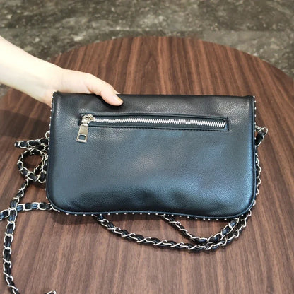 eybag Fashion Rivet Women Chain Crossbody Bag Pu leather Lady Shoulder Purse Large Capacity Classic Black Fold Envelope Bag