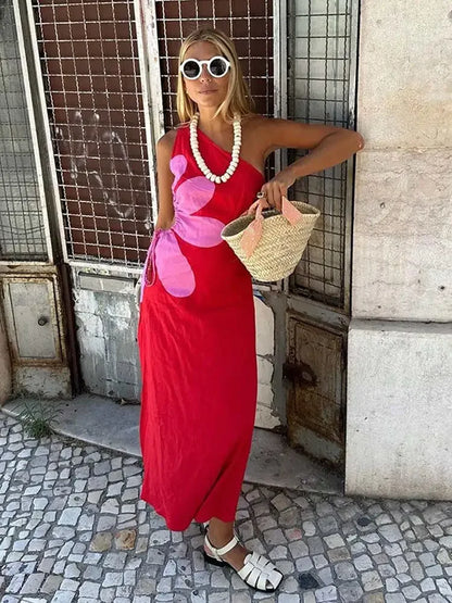 eybag Slash Collar Backless Off Shoulder Hollow Out Maxi Dresses 2024 Summer Fashion Red Strapless Slim Red Dress Lady Beachwear Dress