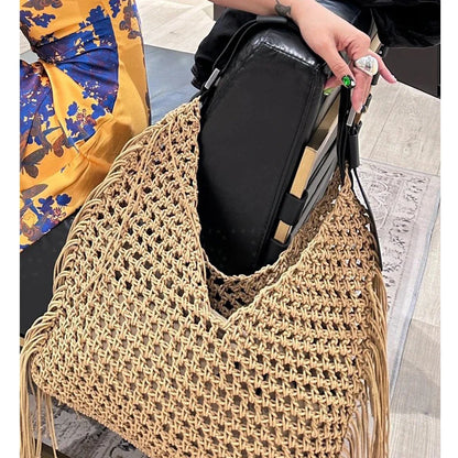 eybag Rope Tassel Crochet Shoulder Bag Luxury Hollow Knitting Women Designer Handbags Handmade Woven Tote Bohemian Travel Beach Bags