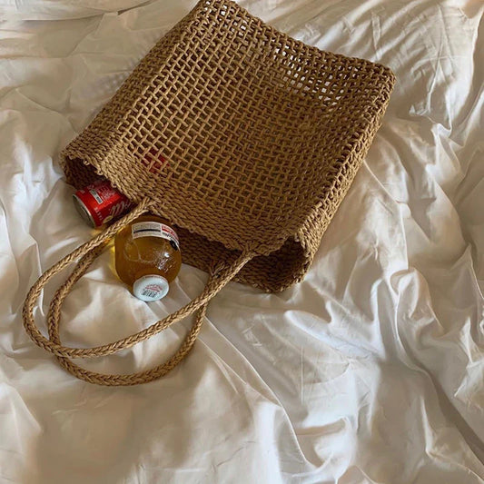 eybag Ins Straw Woven Beach Bag Vacation Travel Beach Retro Korean Women Hollow Shoulder Bag Hand Woven Large Capacity Chic Tote