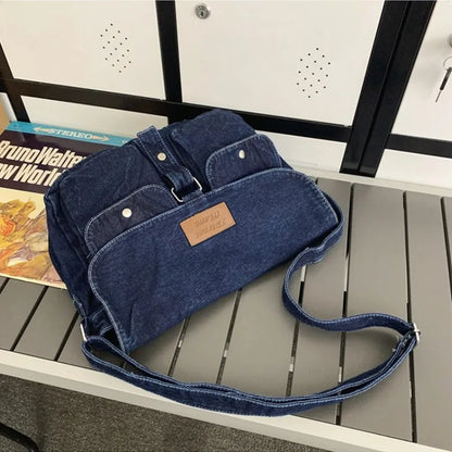 Lkblock Denim Vintage Shoulder Bags for Women Japanese Fashion College Style Mens Messenger Bag Multi-functional Designer Handbag