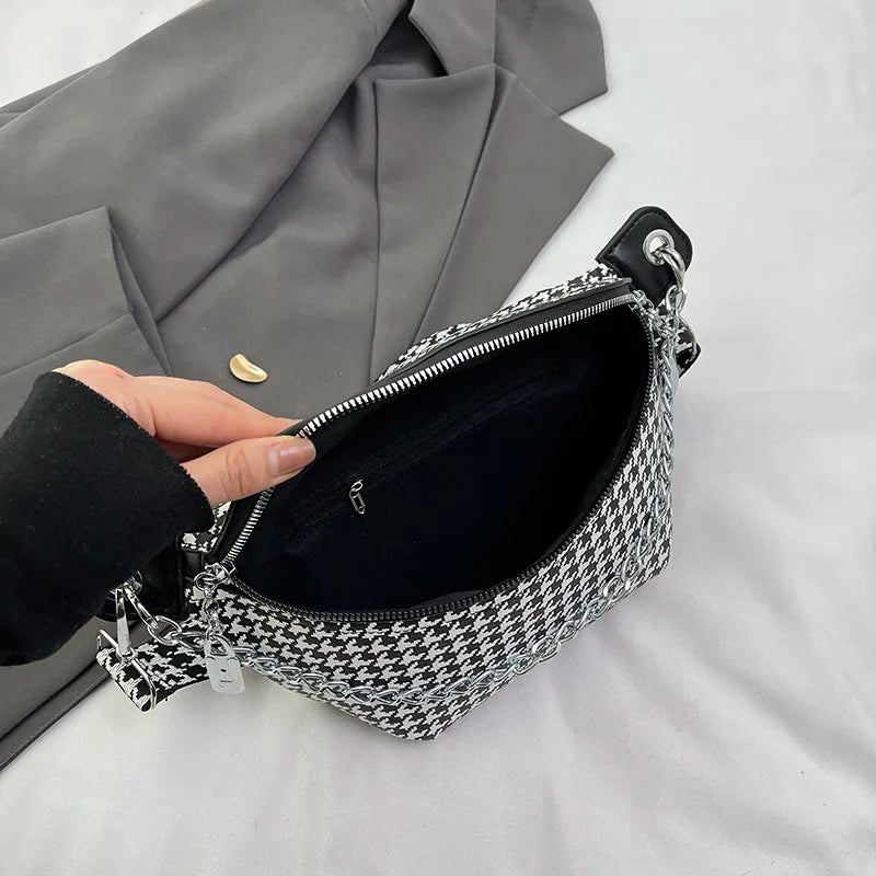 eybag Fashion Chain Waist Bag For Women Houndstooth Chest Bag Quality Leather Fanny Pack Luxury Designer Female Shoulder Crossbody Bag