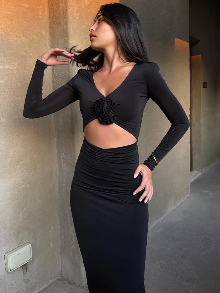 eybag Elegant Flower Hollow Out Midi Dress For Women Black V Neck Long Sleeve Bodycon Sexy Dress Female Skinny Party Dress