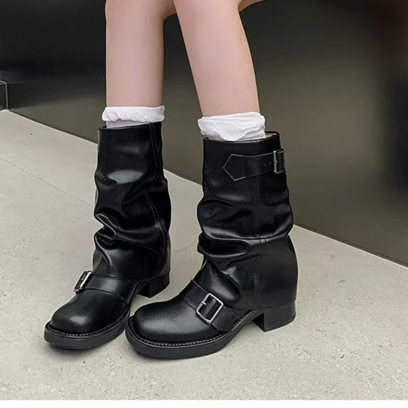 eybag Autumn Winter Thick High Heels Women Mid Calf Boots Hot Sale Gothic Calves Motorcycles Boots Buckle Comfy Walking Boots