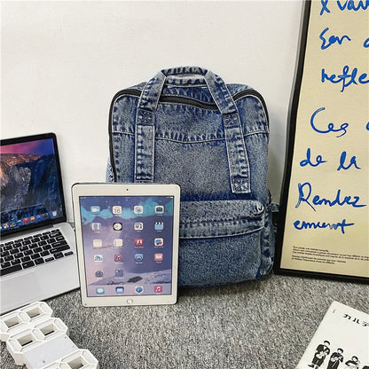 eybag Blue denim women backpack casual large capacity laptop school zipper girl backpack top handle fashion travel backpack for women