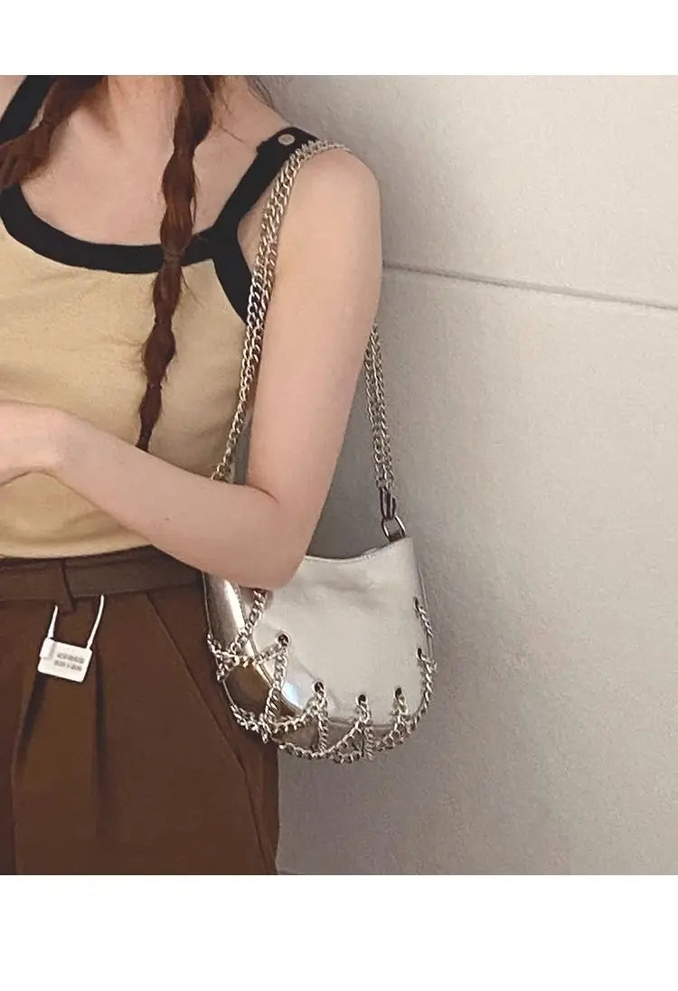 eybag Silver Crossbody Bags Women Summer High Street Chain Casual Messenger Bag Lady Harajuku Solid Saddle Hobos Bags Y2k