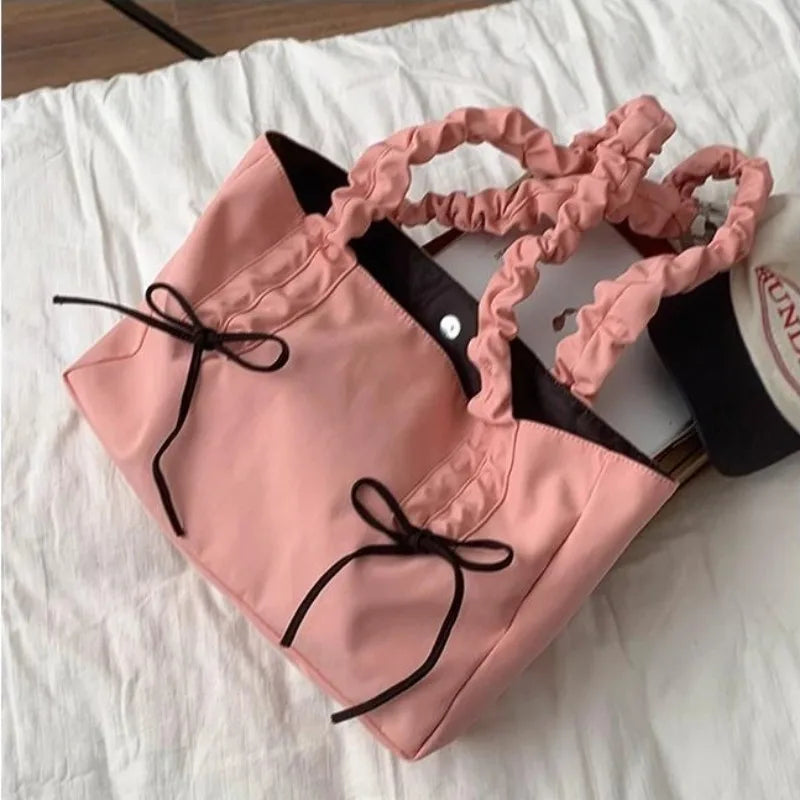 eybag Pink Pleated Womens Tote Bag Nylon Sweet Elegant Gentle Literary Casual Shoulder Bag Aesthetic New Korean Fashion Handbag