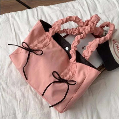 eybag Pink Pleated Womens Tote Bag Nylon Sweet Elegant Gentle Literary Casual Shoulder Bag Aesthetic New Korean Fashion Handbag