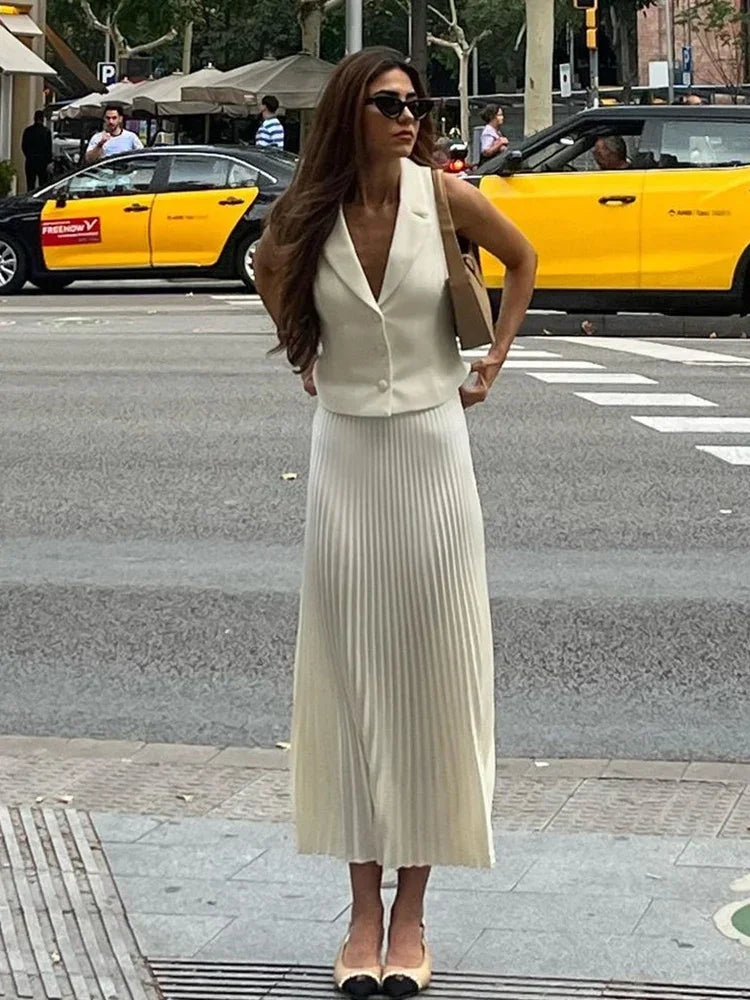 eybag Folds Long Skirt Two Pieces Set Women's Notched Sleeveless Short Vest Top High Waist Solid Maxi Skirt Fashion Sets 2024