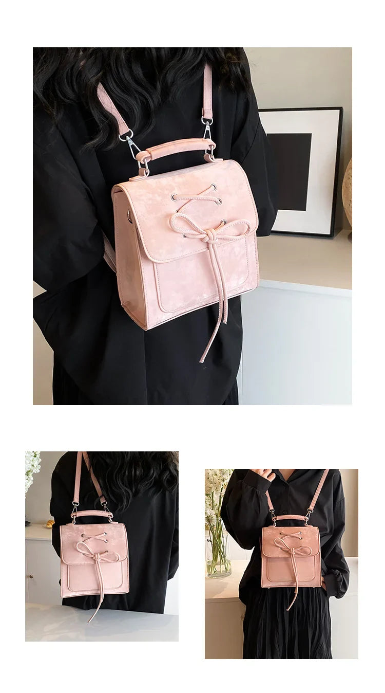 eybag New Ballet Style Women's Backpack Girls College Backpack Fashion Women's Item Storage Handbag Bow Decoration PU Material