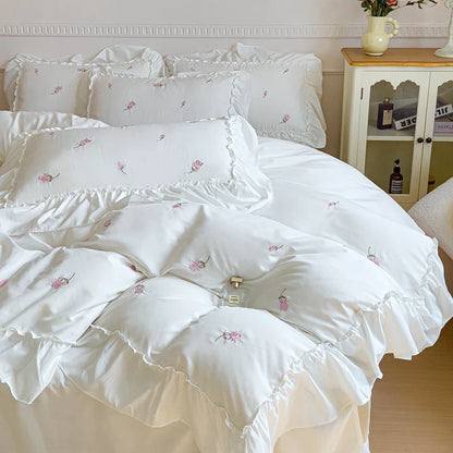 -Korean Princess Rose Flowers Embroidery Lace Ruffles Bedding Set Washed Cotton Skin Friendly Duvet Cover Bed Sheet Pillowcases