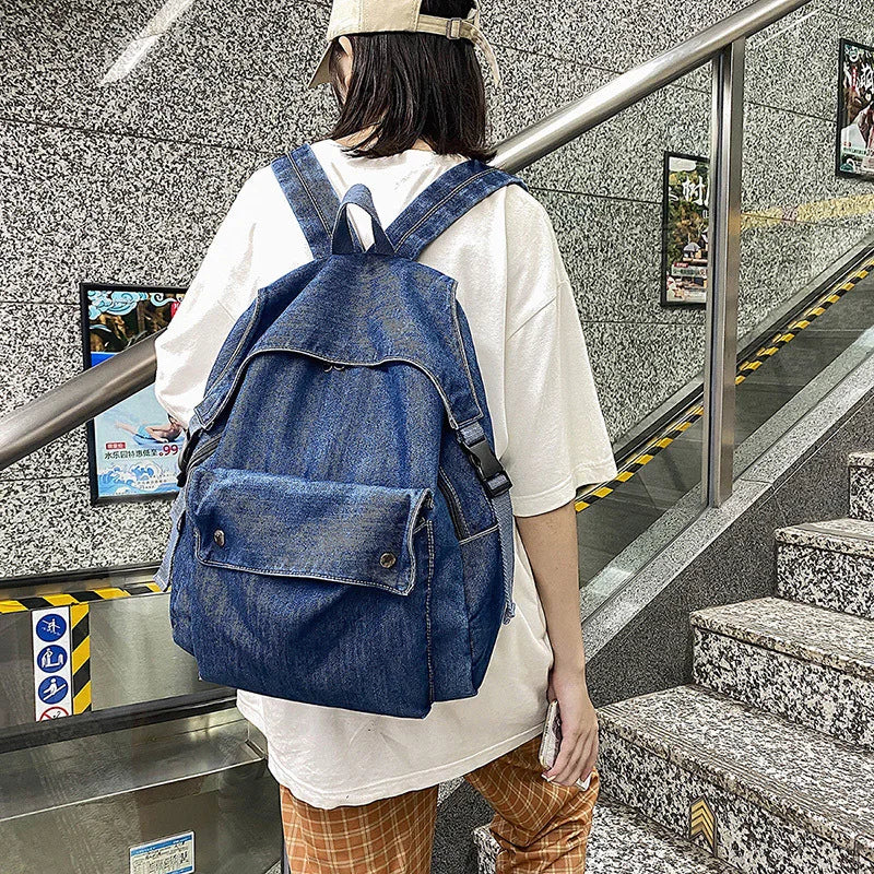 eybag Korean Denim Women Backpacks Large capacity college backpack Casual female big Travel bag Teenage Girl School Bag Bagpack blue