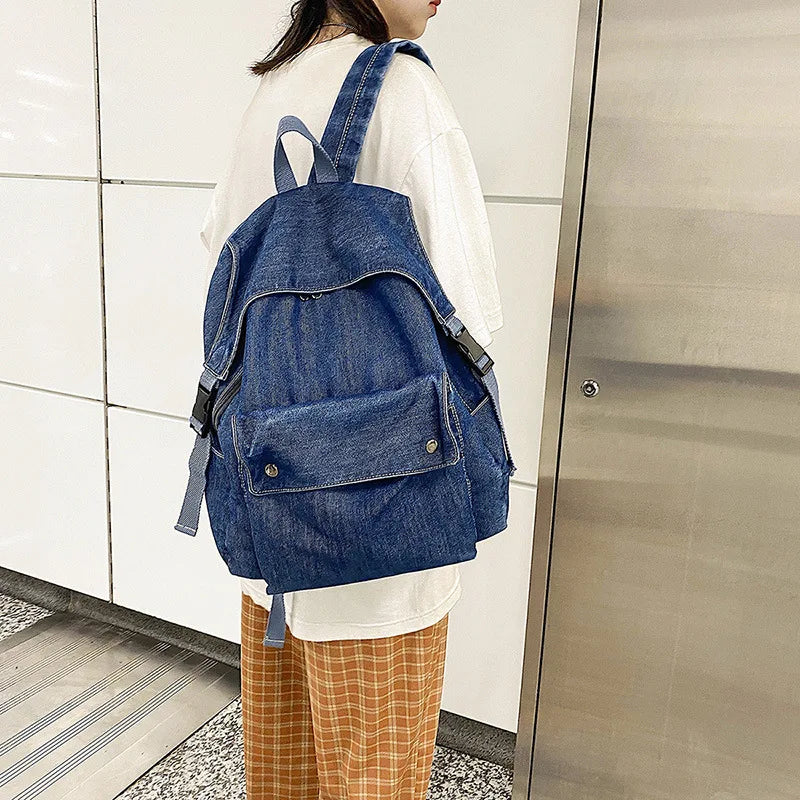 eybag Korean Denim Women Backpacks Large capacity college backpack Casual female big Travel bag Teenage Girl School Bag Bagpack blue