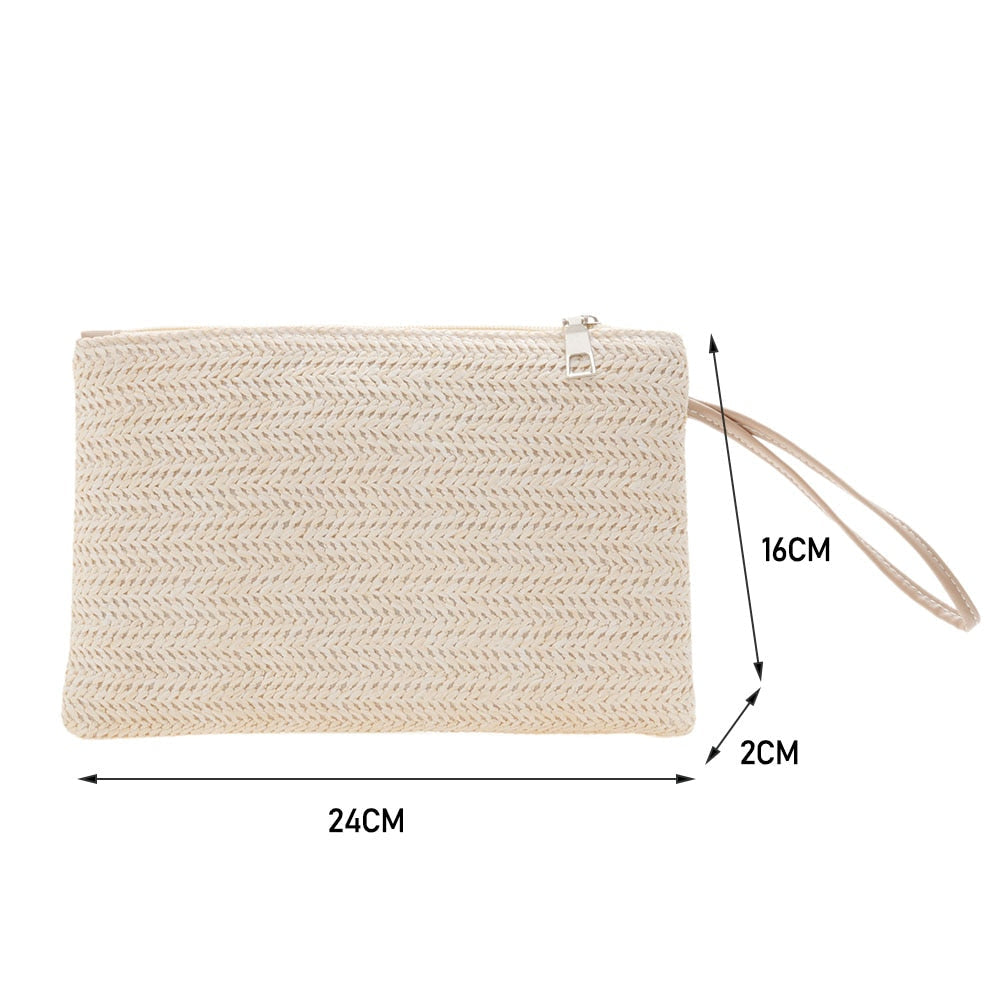 Lkblock Fashion Women Bohemian Woven Clutch Wristlet Bag Casual Ladies Beach Solid Color Small Handbags Purse Summer Vacation Casual Bag