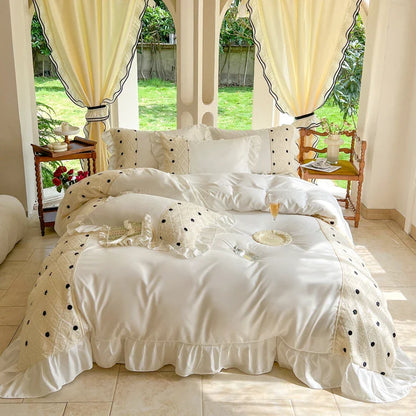 -Korean Princess Style Bedding Set, Lace Patchwork, Embroidery Ruffles, Duvet Cover Set, Bed Sheet, Pillowcases, 4Pcs