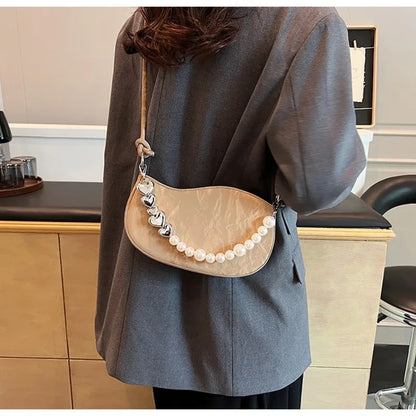 eybag Pink Pearl Womens Shoulder Bag Elegant Chains Beading Leather Korean Fashion Handbag Commuter Casual Ladies Aesthetic Bags