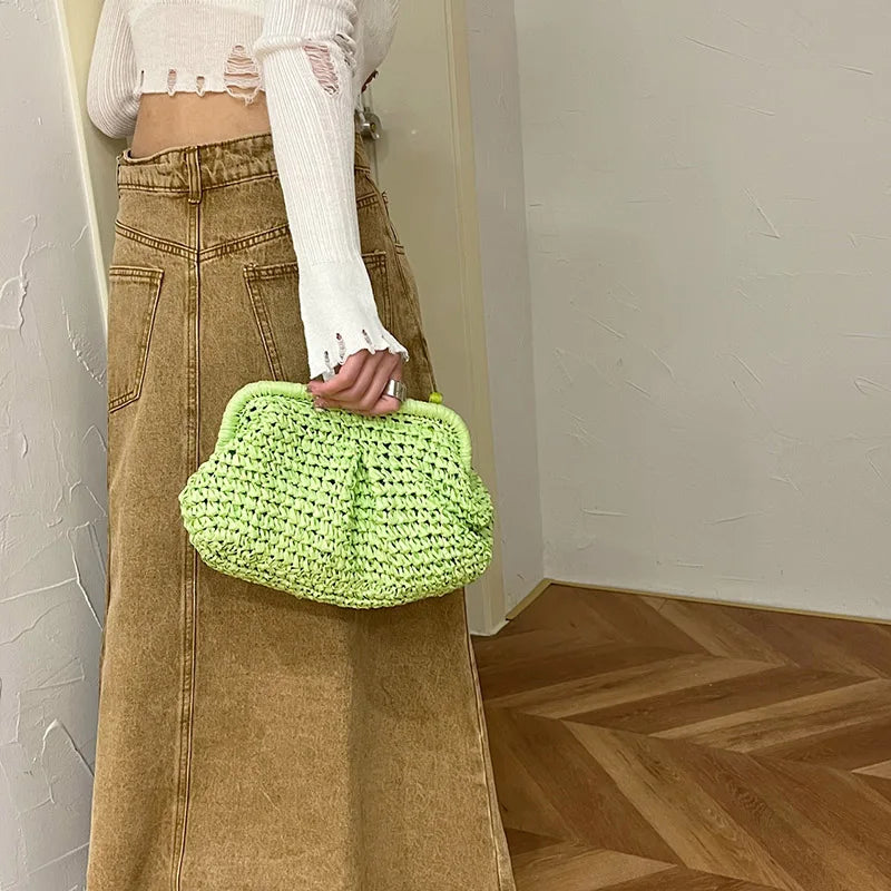 eybag Summer Fashion Women All-match Clutch Sense Of Straw Weave Wallet Bags Ladies Chain Shoulder Bags Hot Pink Crossbody Bags