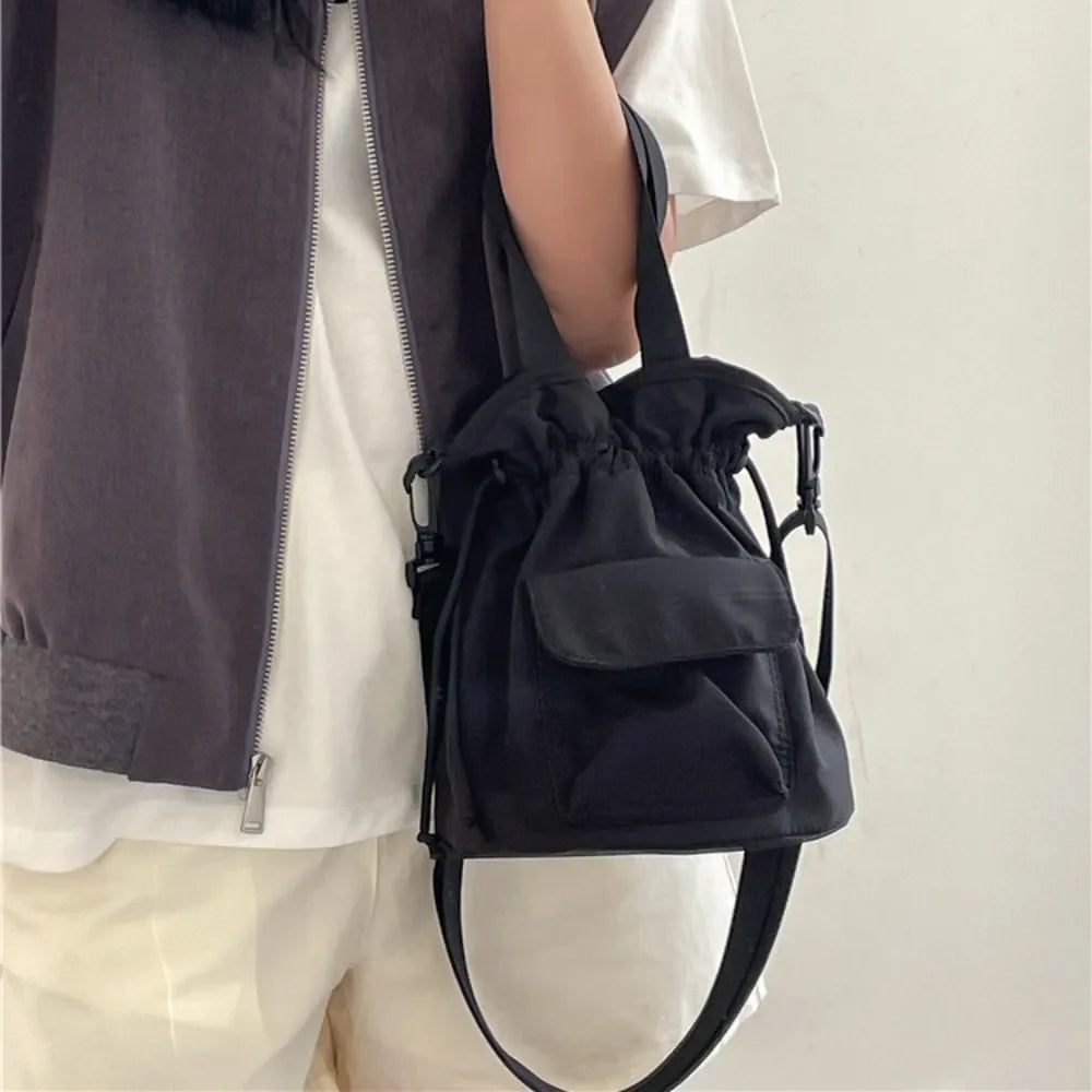 eybag Casual Ruched Drawstring Bags for Women Designer Handbag Mini Nylon Bucket Bag Korean Style Shoulder Crossbody Bag Phone Purses