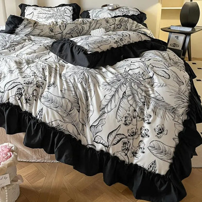 -2/3PC French Vintage Black Ruffles Duvet Cover Set, With Pillowcases, Nordic Luxury Flowers Plant Quilt Cover Set, Bedding Set