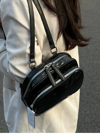 eybag Black Patent Leather Ladies Small Backpack Fashion Cool Girls Square Shoulder Bagss Retro Design Women's Travel Handbag Knapsack