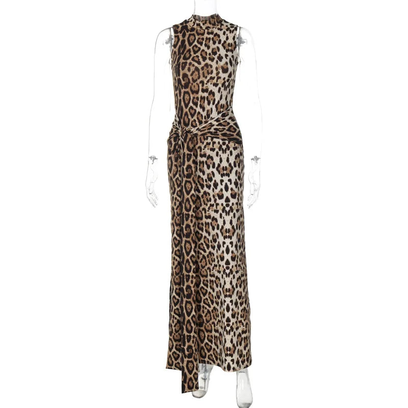 eybag Woman Elegant Leopard Print Bandage Long Dress 2024 Summer Sexy O-neck Sleeveless Tunics Bodycon Slit Evening Party Dresses