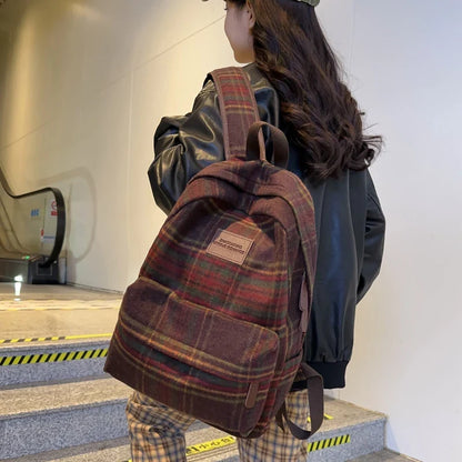 eybag Vintage Plaid Woollen Cloth Women's Backpack Student Book Backpacks for Teenage Girls School Bags Large CapacityTravel Rucksack