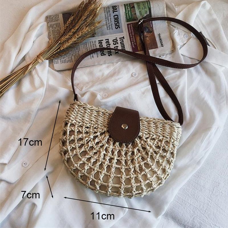 eybag Casual Half Moon Women Straw Rattan Shoulder Bags Wicker Woven Lady Hollow Crossbody Bag Summer Beach Travel Small Handbag Purse