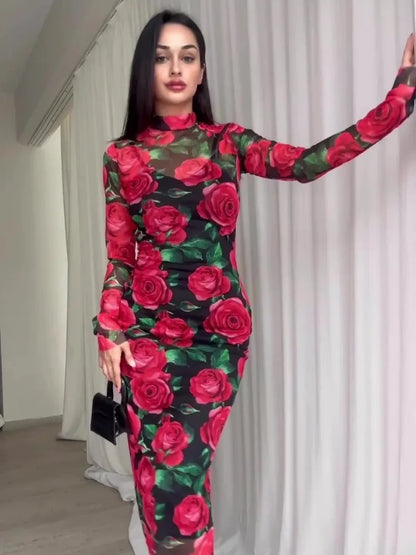 eybag 2024 Autumn Red Flowers Printed Mid-calf Dresses for Women Elegant Vintage High Waist Bodycon Long Sleeve Evening Party Dress