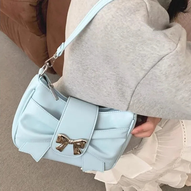 eybag Pink Bow Womens Shoulder Bag Korean Fashion College Style Elegant Handbag Square Pleated Sweet Casual Leather Armpit Bag