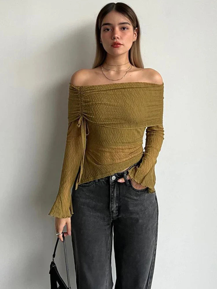 eybag Off The Shoulder Long Sleeve Shirring Solid Mesh Women'S Top Tshirts Y2K Outfit Elegant Streetwear Wholesale Clothing