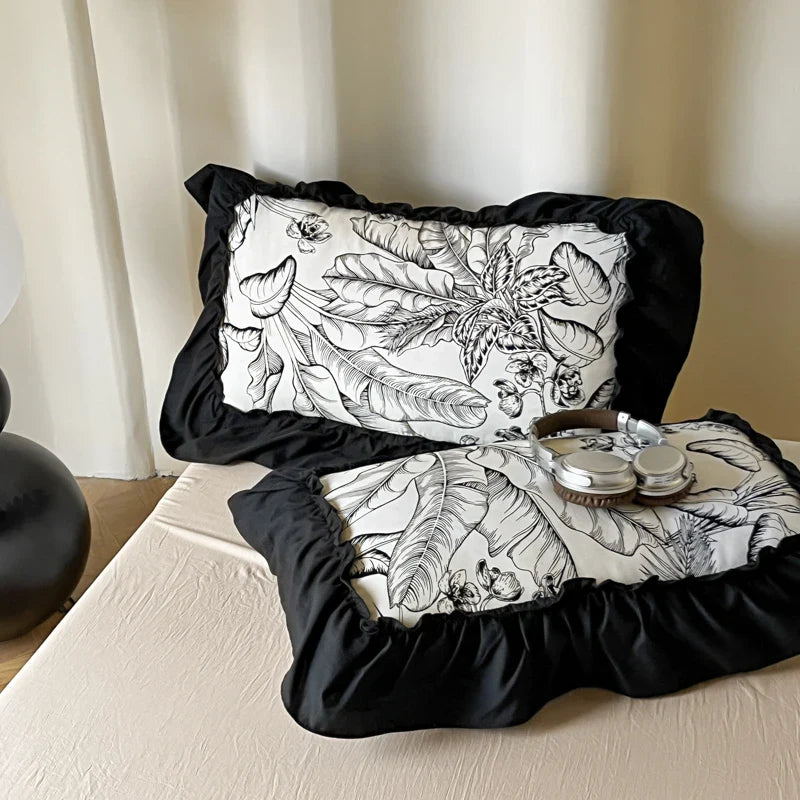 -2/3PC French Vintage Black Ruffles Duvet Cover Set, With Pillowcases, Nordic Luxury Flowers Plant Quilt Cover Set, Bedding Set