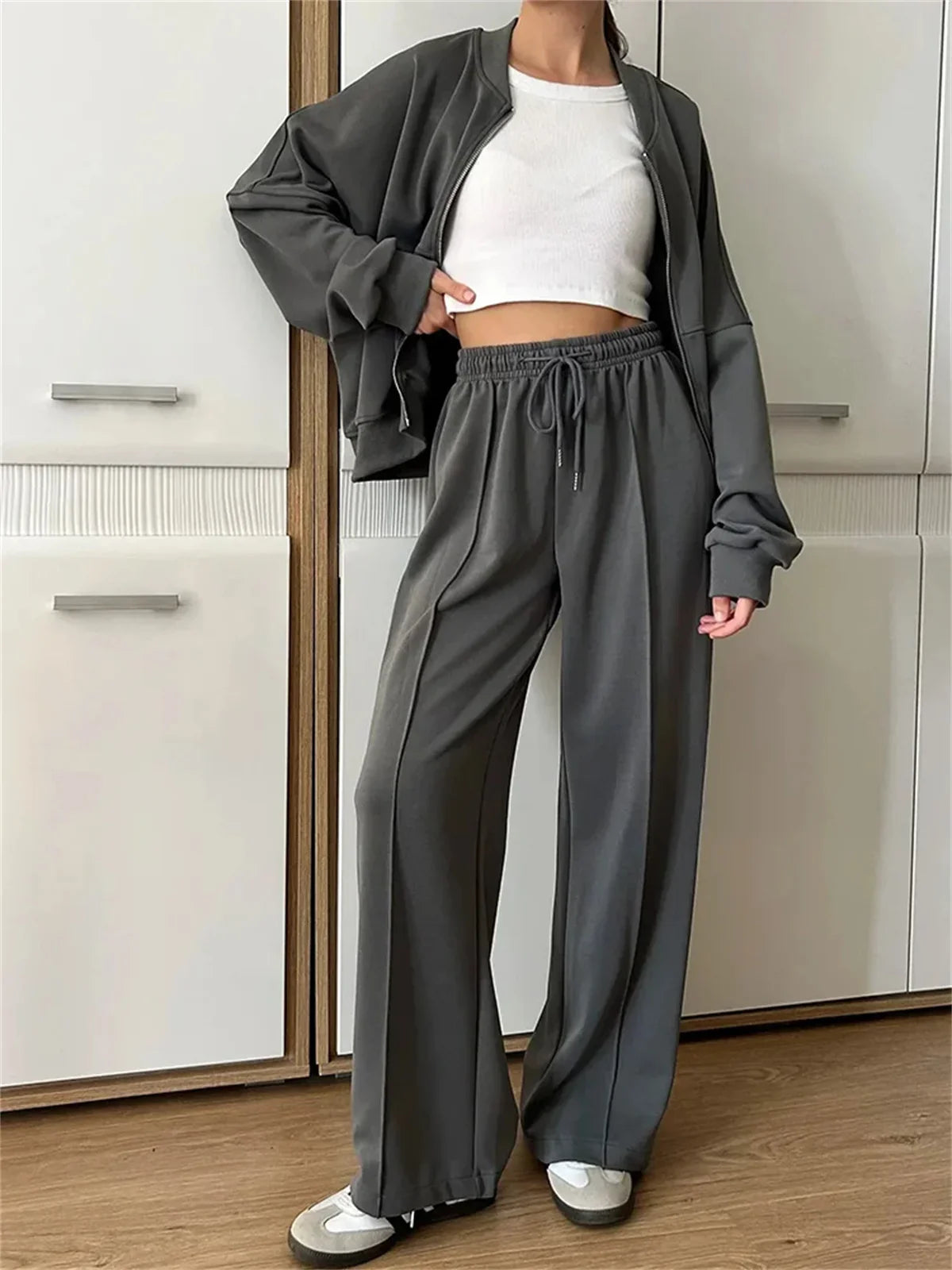 eybag Women Fashion Sweatsuits Pant Sets Lined Zipper Jacket High Waist Pants 2024 Winter Autumn 2-piece Set Women's Loose Outfit Suit