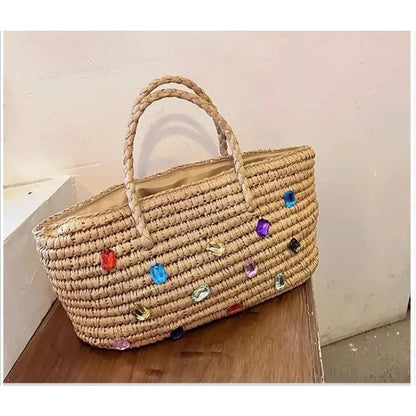 Lkblock Luxury diamond Straw Woven Tote Bags Summer Casual Large Capacity Handbags Fashion Beach Women Shoulder Simple Style Shopping