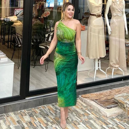 eybag Green Print Long Dress Women Fashion One Shoulder Slim Evening Party Dresses Summer Sexy Backless Ruched Maxi Dress 2024