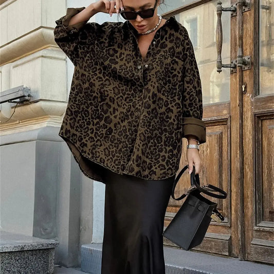 eybag Leopard Shirts For Women Vintage Lapel Long Sleeves Top Fashion 2024 New In Autumn Jackets Oversize Female Shirt Single Breasted