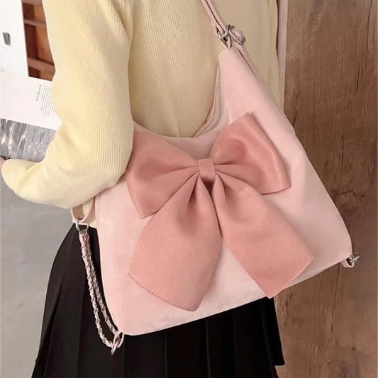 eybag Pink Bow Womens Shoulder Bag Korean Style Fashion Large Capacity Sweet Backpack Cute Exquisite Elegant New Female Tote Bag