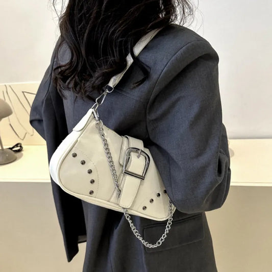 eybag - Vintage Rivet Women's Shoulder Bags Solid Color Ladies Underarm Bag Fashion Chain Small Handbags PU Leather Female Tote Purse