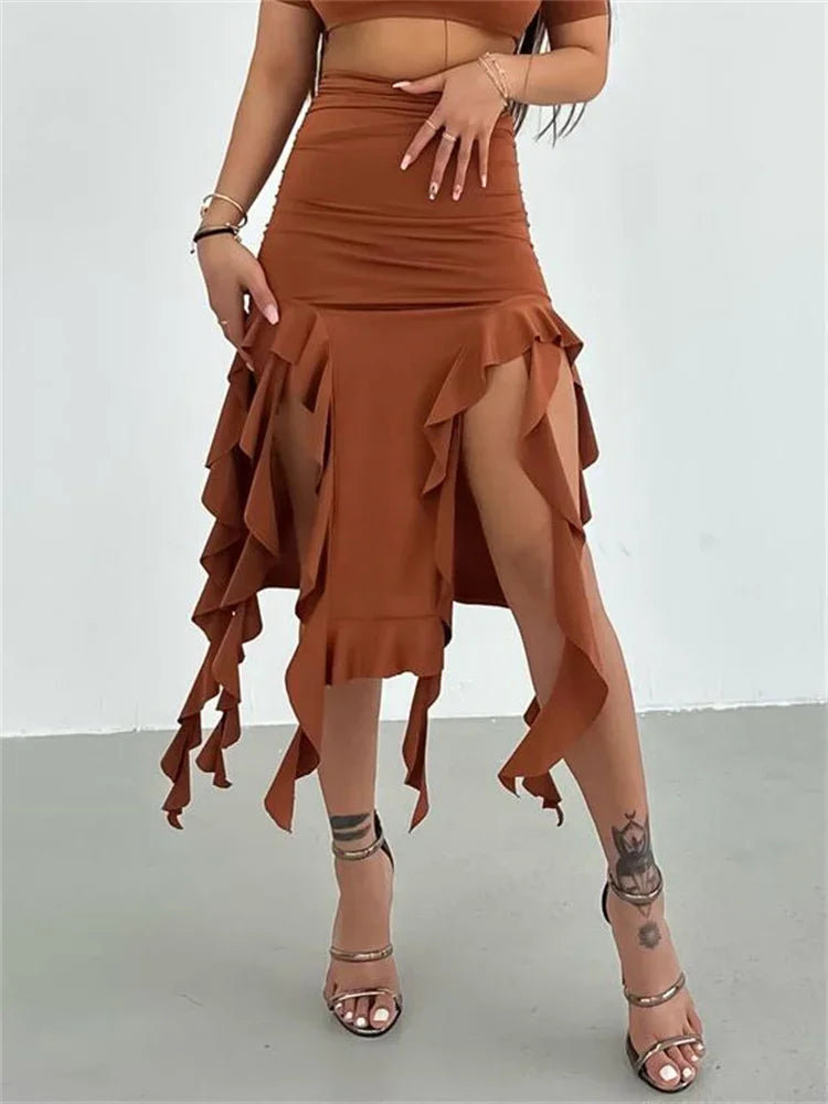 eybag Summer Ruffled Tassel Long Skirt Women's Sexy High Slit Pleated Long Skirt Fashion Patchwork Solid Color Slim Long Skirt