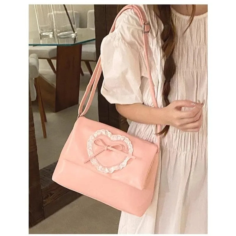 eybag Pink Sweet Shoulder Bag for Women Love Heart Fashion Large Capacity Casual Armpit Bag Elegant Harajuku Literary Handbag