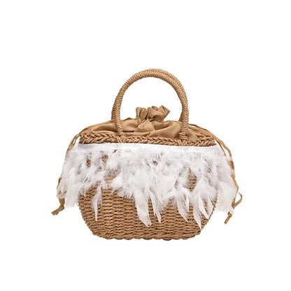 eybag Hot Selling Feather Rattan Woven Drawstring Women's Handbag 2024 Summer Fashion New Product Beach Vacation Niche Design