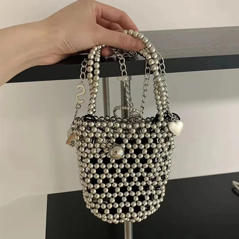 eybag 2024 Retro Pearl Bucket Women's Crossbody Bag Сумка Fashion INS Silver New in Handbag Handwoven DIY Beaded Bags Bolso De Hombro