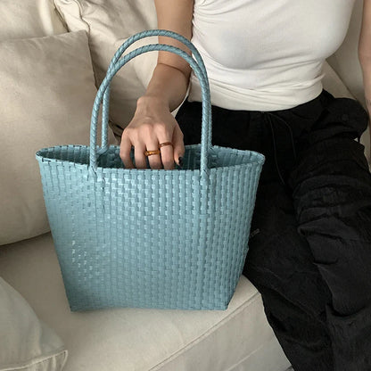 eybag Ins Solid Woven Beach Bag Large Capacity Vacation Travel Picnic   Outdoor Women Shoulder Bag Woven Storage Vegetable Basket