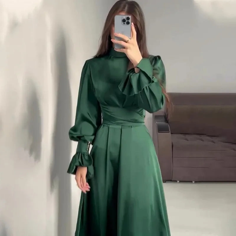 eybag Elegant Ruffled Long Sleeve Long Dress Women's Fashion Bandage Evening Dress Retro Slim Lace Up Solid Color Long Dress