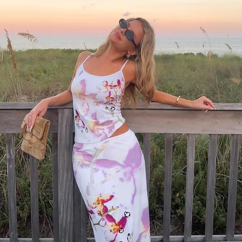 eybag Summer Sexy Sweet Butterfly Print Spaghetti Straps Top Slit Long Skirt Suit Backless High Waist Elegant Vacation Streetwear Set