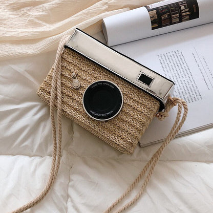 eybag Fun Designer Bag 2022 New Women Fashion Camera Straw Woven Handbag Female One Shoulder Bag Crossbody Bag Flap Purse